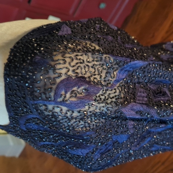 Aidan Mattox party low back Floral embroidery Beaded knee length dress Blue sz 8 - Picture 6 of 13